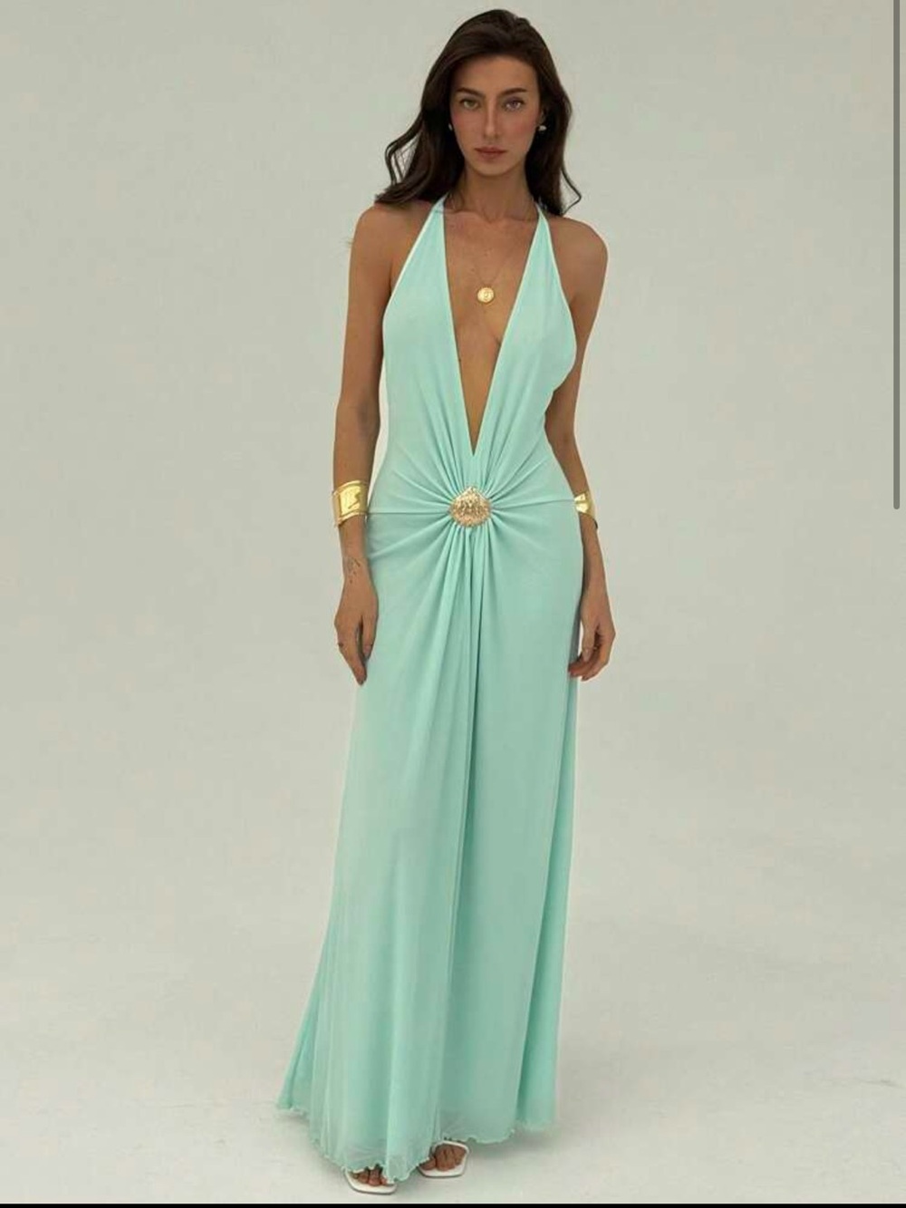 SHEIN Mint Green Deep V Halter Maxi Dress